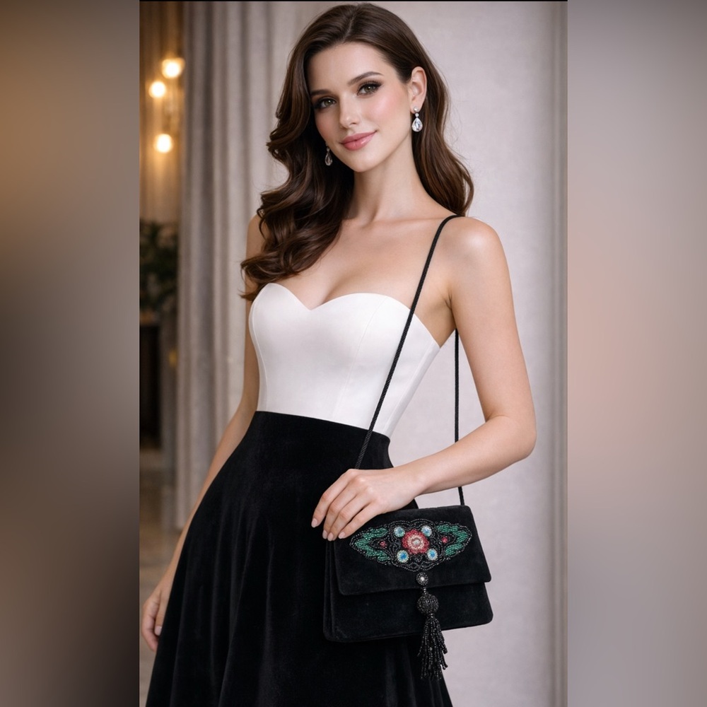 Vintage Black Velvet Beaded Evening Bag w/ Tassel – Floral Detail